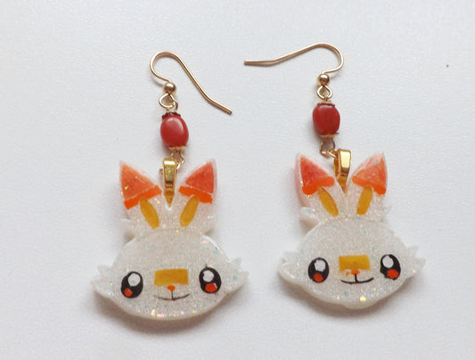 Fire bunny Handpainted Epoxy Resin 14k gold ruby Earrings