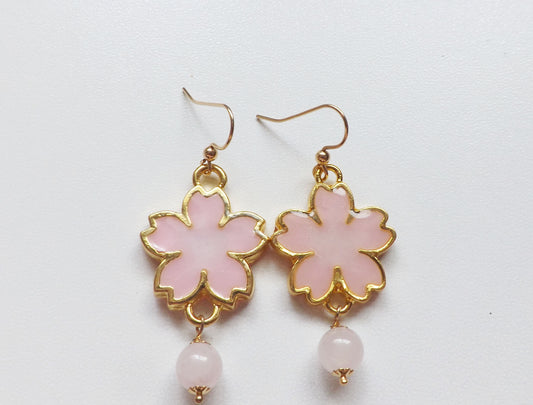 Cherry Blossom Handpainted Epoxy Resin 14k gold Quartz Earrings